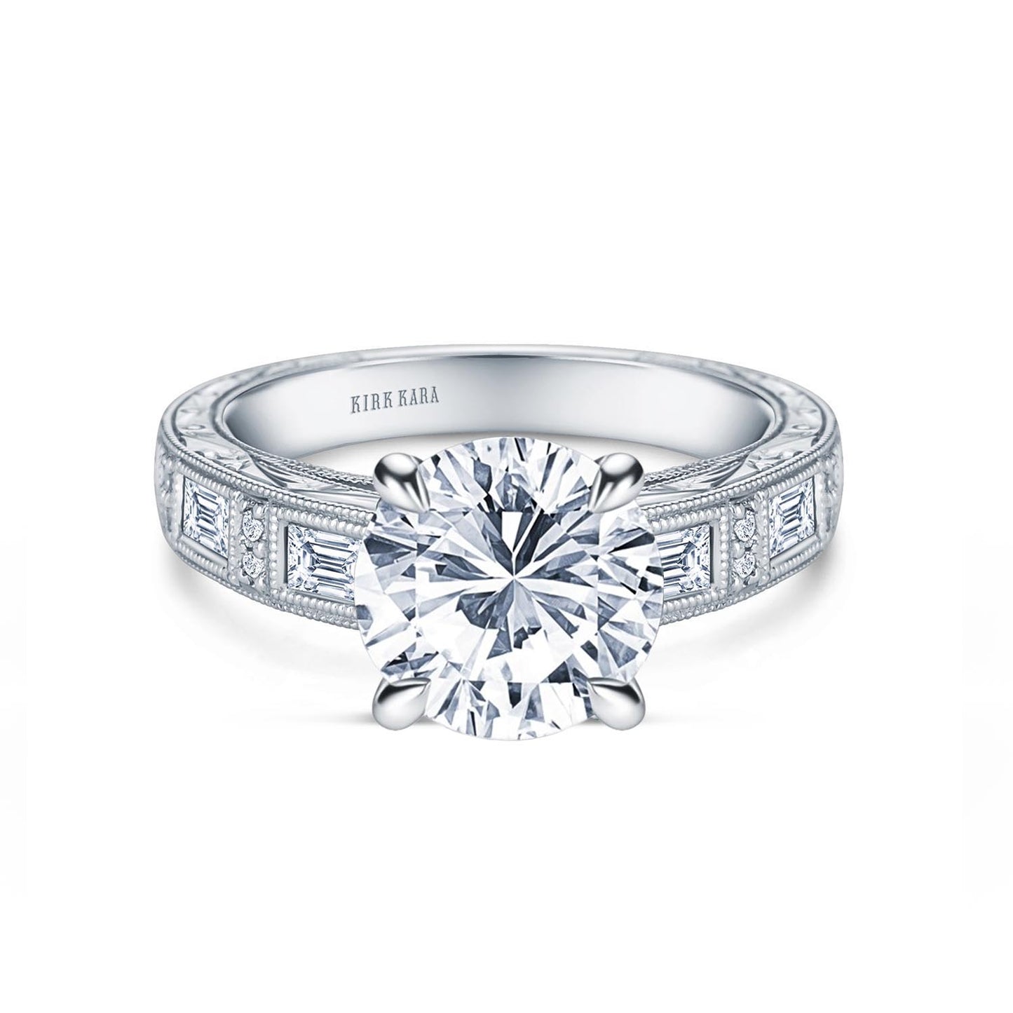 Baguette Engraved Cathedral Diamond Engagement Ring