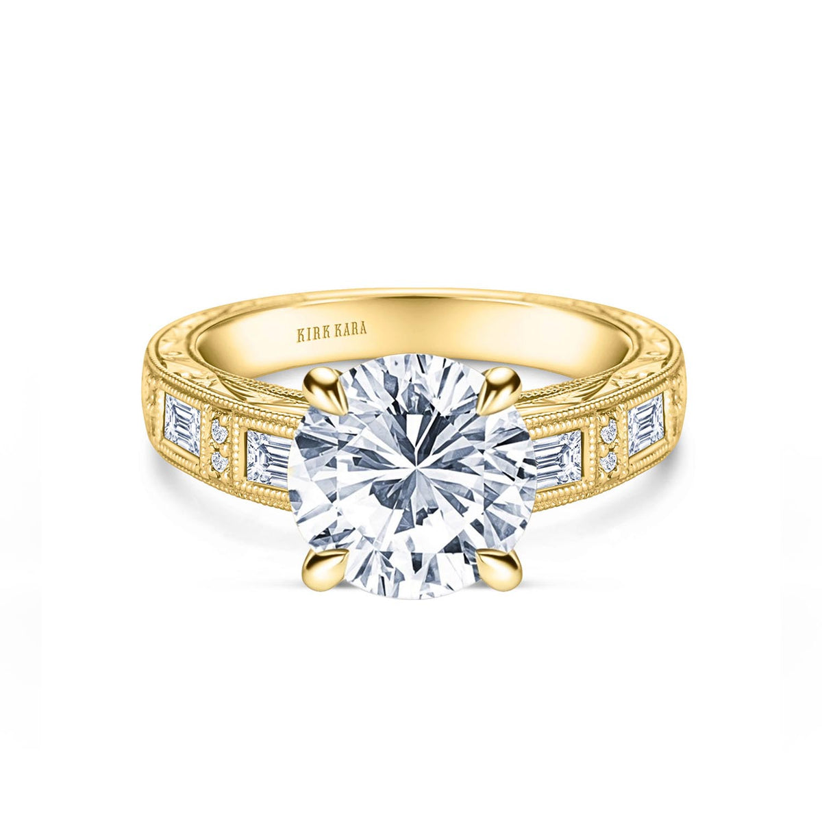 Baguette Engraved Cathedral Diamond Engagement Ring