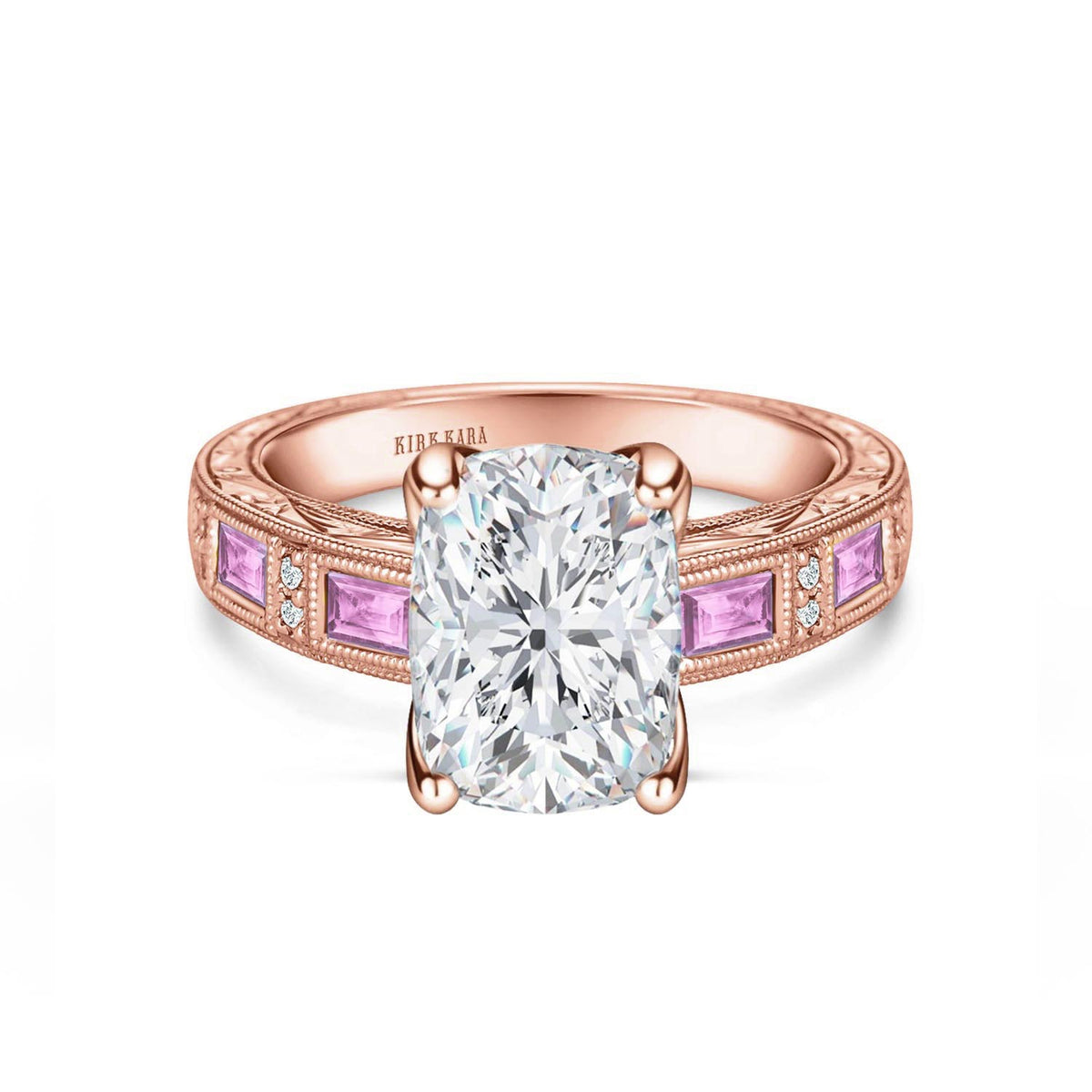 Pink Sapphire Baguette Engraved Cathedral Diamond Engagement Ring