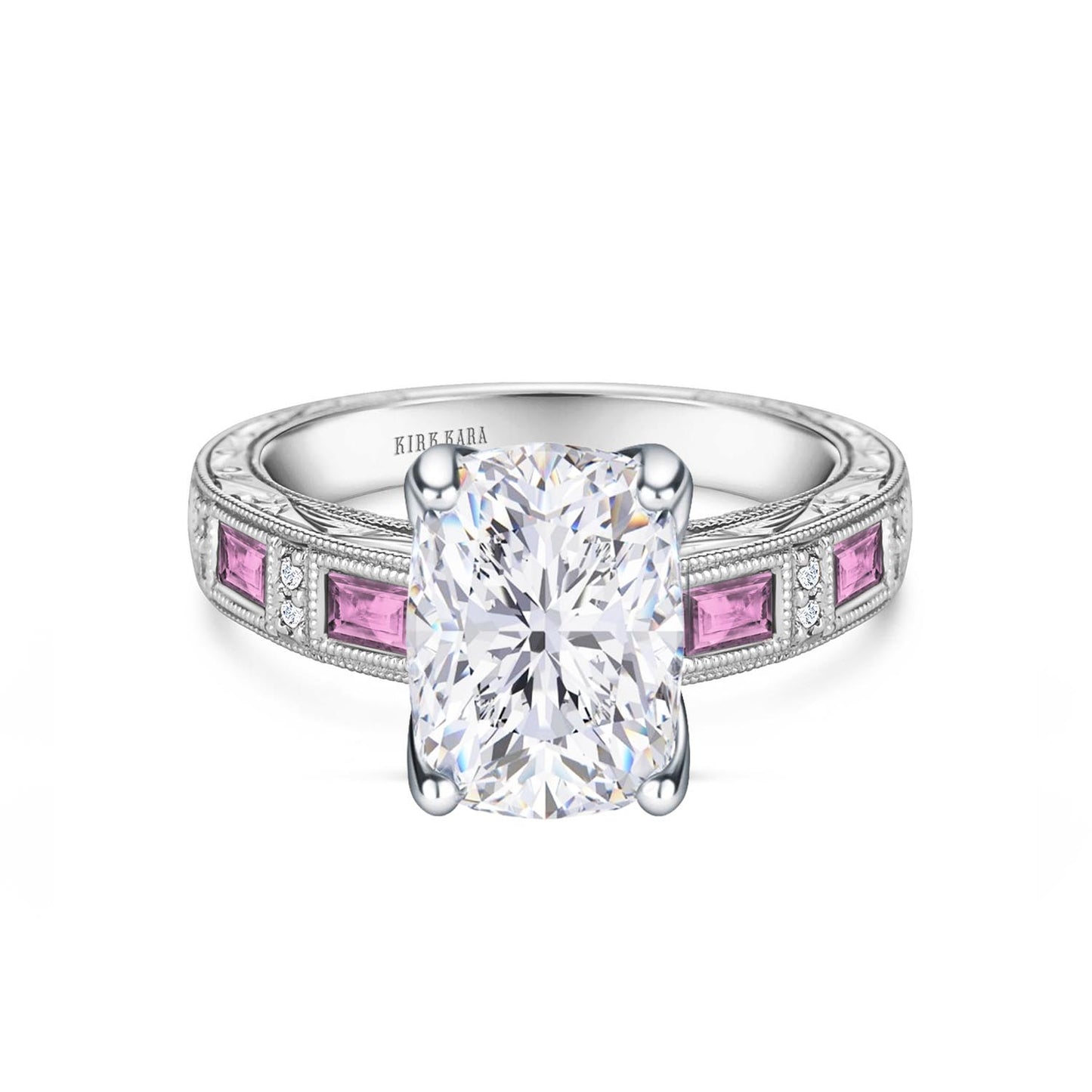 Pink Sapphire Baguette Engraved Cathedral Diamond Engagement Ring