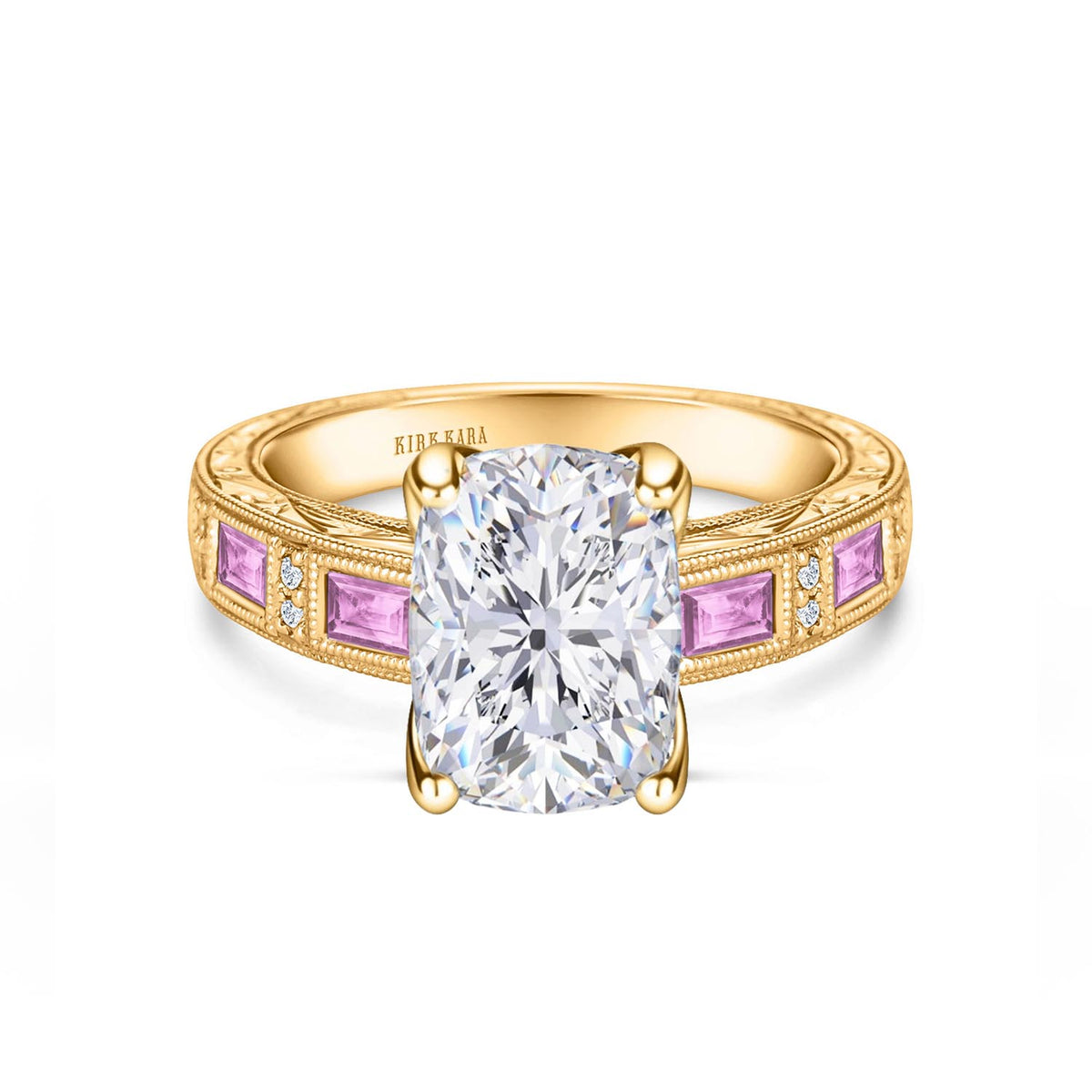 Pink Sapphire Baguette Engraved Cathedral Diamond Engagement Ring