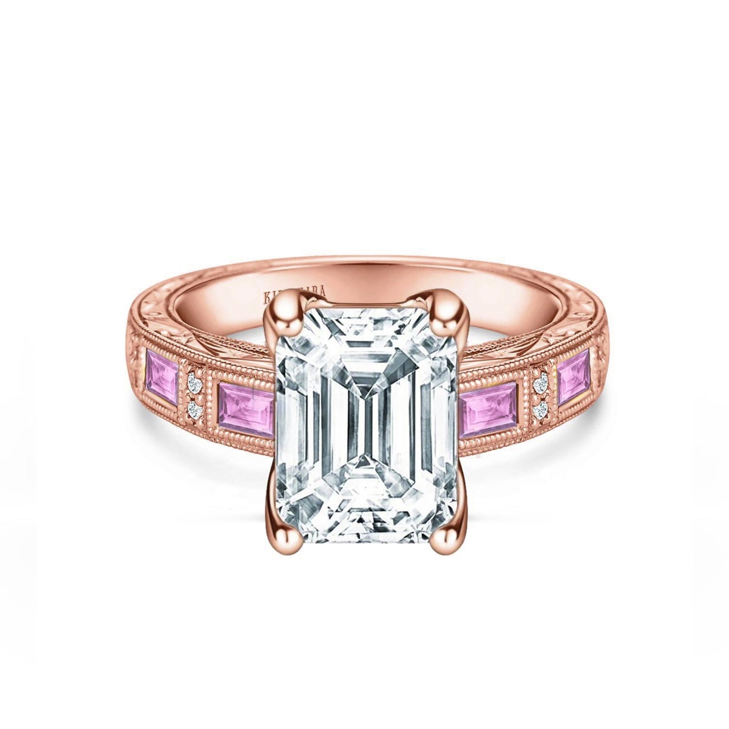Pink Sapphire Baguette Engraved Cathedral Diamond Engagement Ring