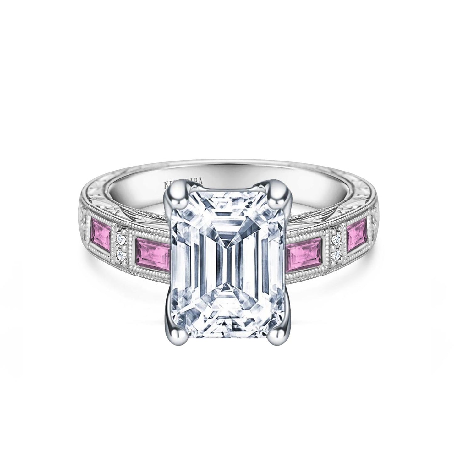 Pink Sapphire Baguette Engraved Cathedral Diamond Engagement Ring
