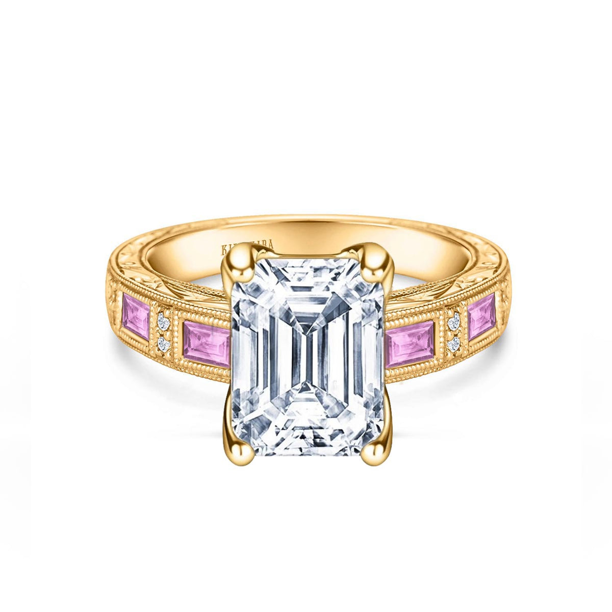 Pink Sapphire Baguette Engraved Cathedral Diamond Engagement Ring
