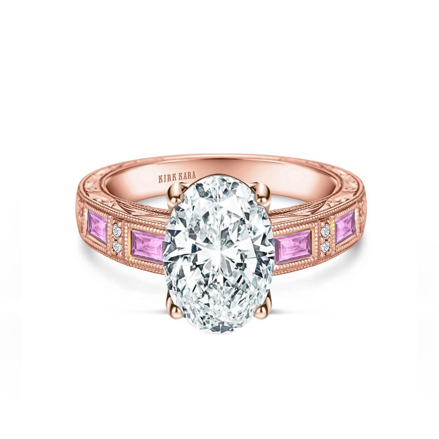 Pink Sapphire Baguette Engraved Cathedral Diamond Engagement Ring
