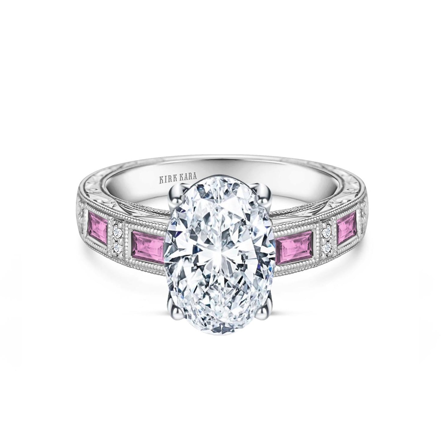Pink Sapphire Baguette Engraved Cathedral Diamond Engagement Ring