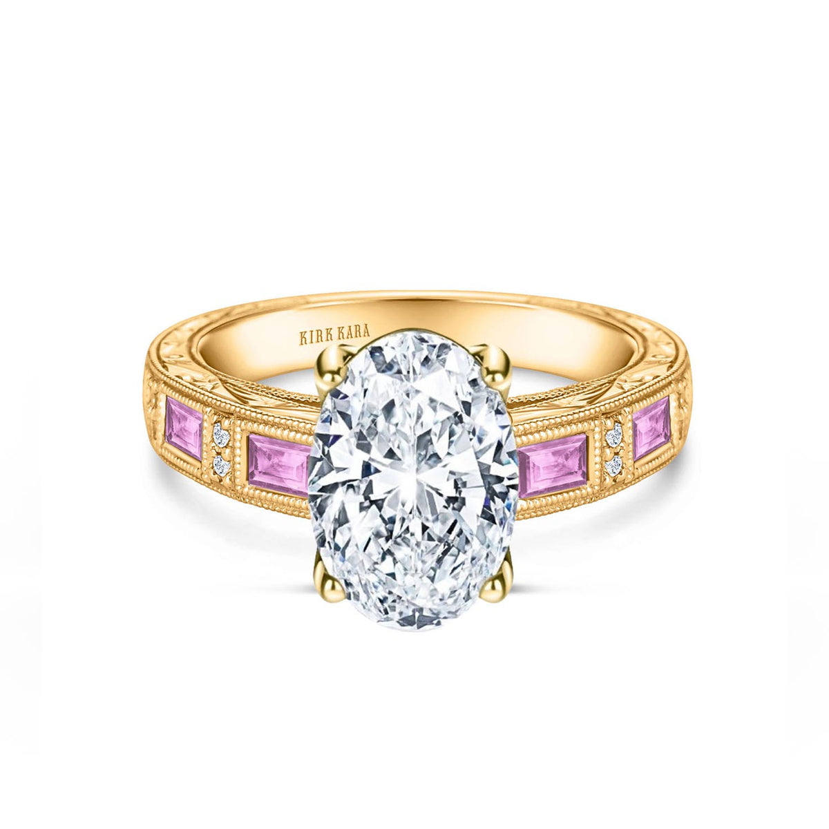 Pink Sapphire Baguette Engraved Cathedral Diamond Engagement Ring