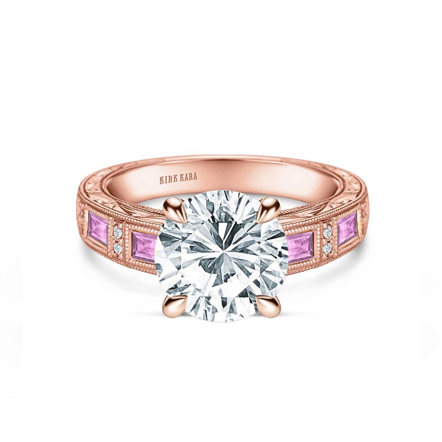 Pink Sapphire Baguette Engraved Cathedral Diamond Engagement Ring