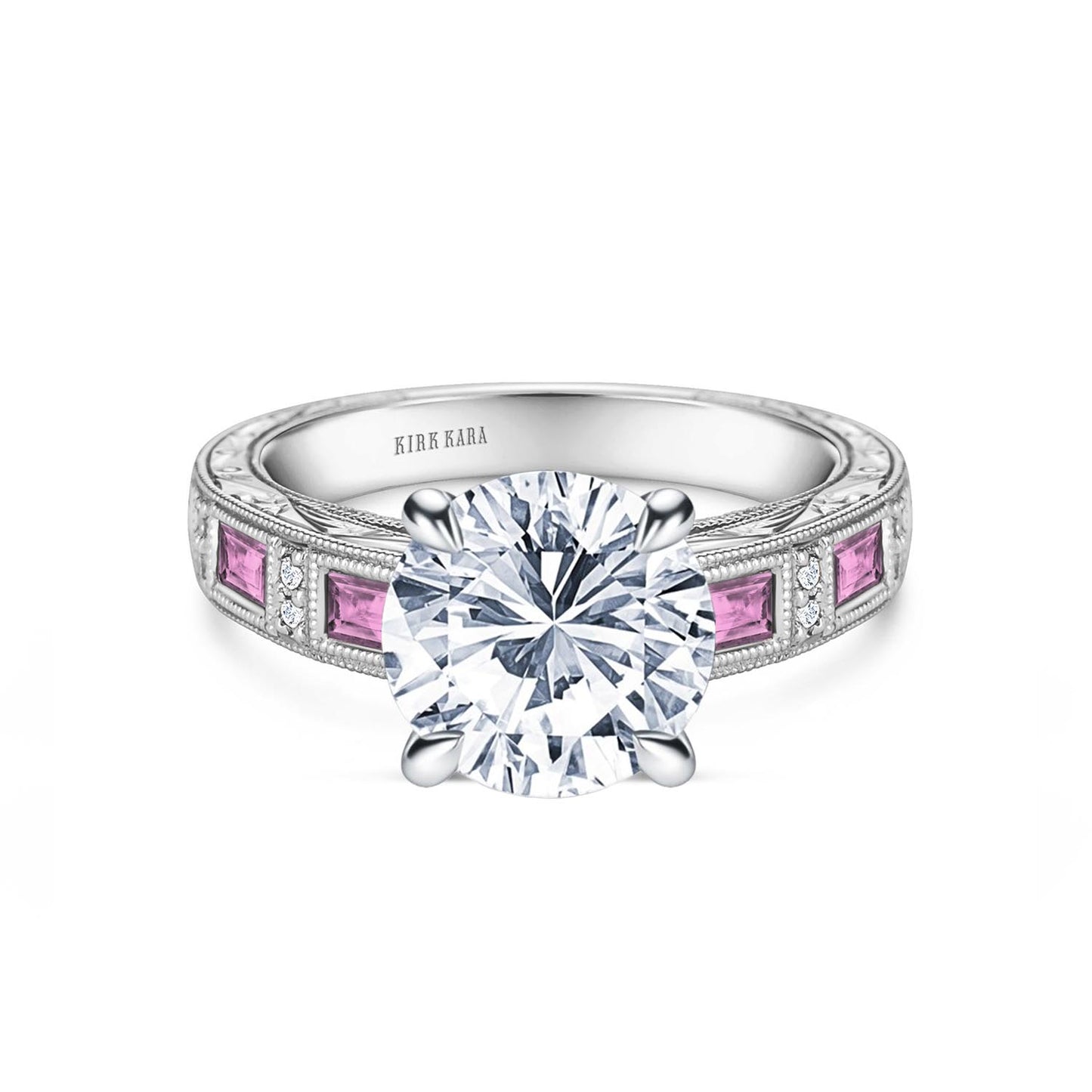 Pink Sapphire Baguette Engraved Cathedral Diamond Engagement Ring