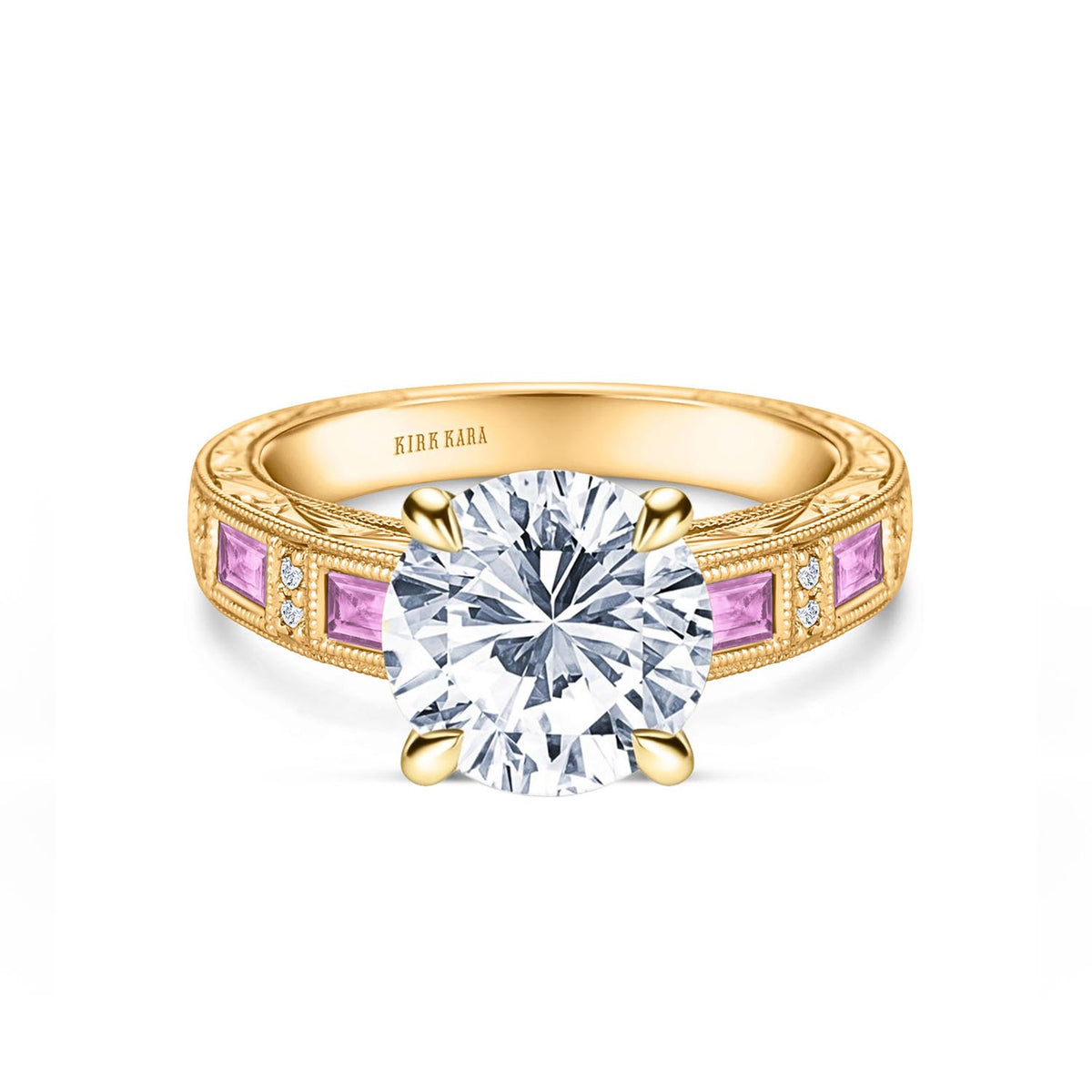 Pink Sapphire Baguette Engraved Cathedral Diamond Engagement Ring