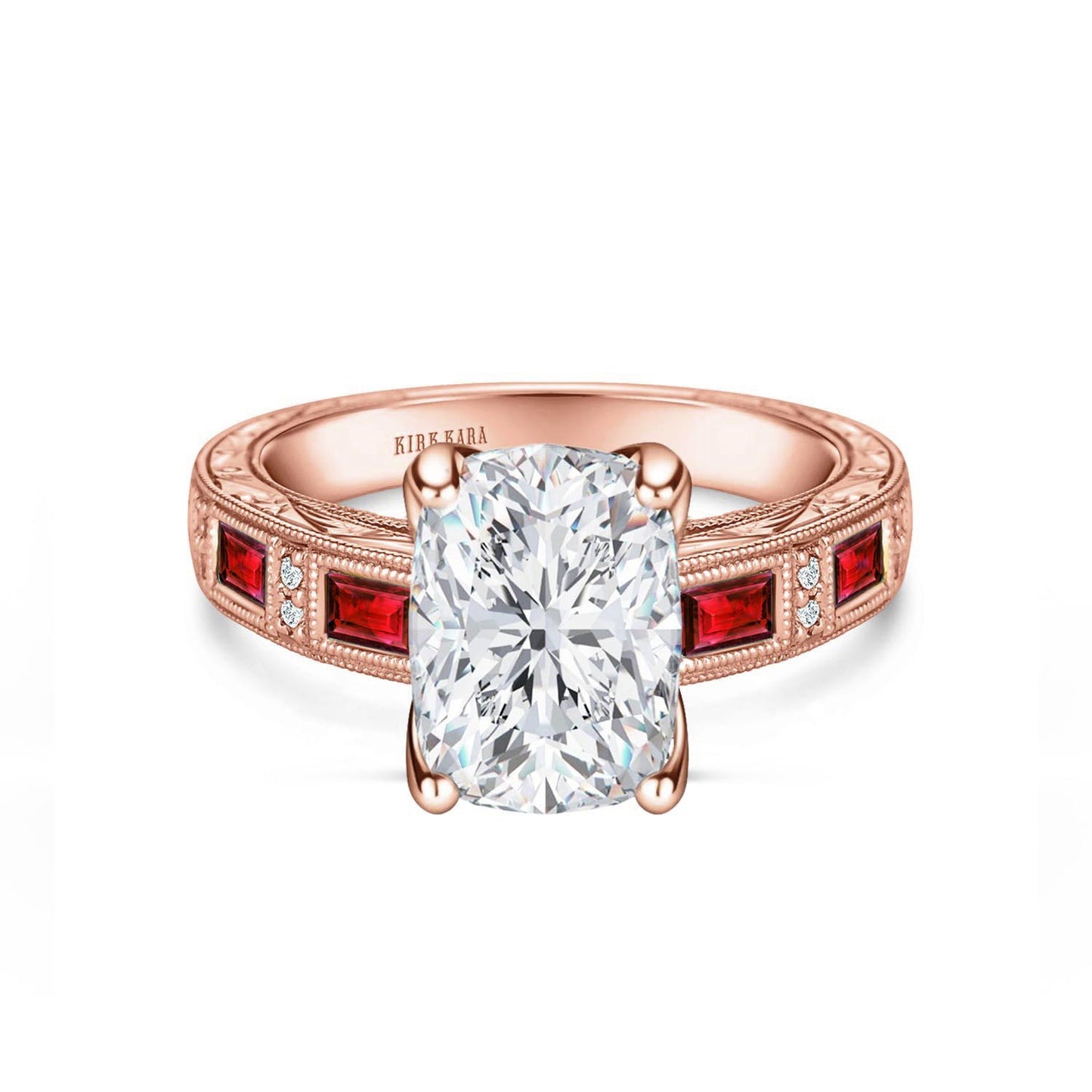 Ruby Baguette Engraved Cathedral Diamond Engagement Ring