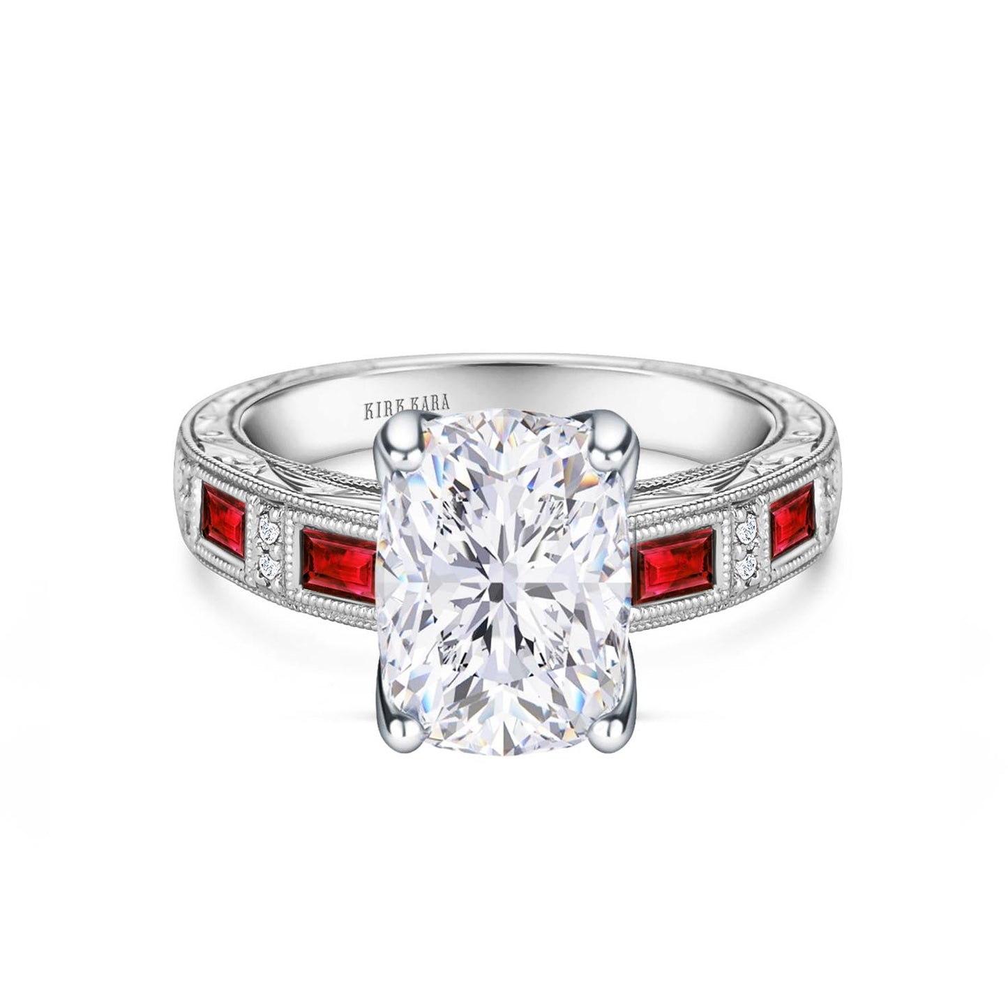 Ruby Baguette Engraved Cathedral Diamond Engagement Ring