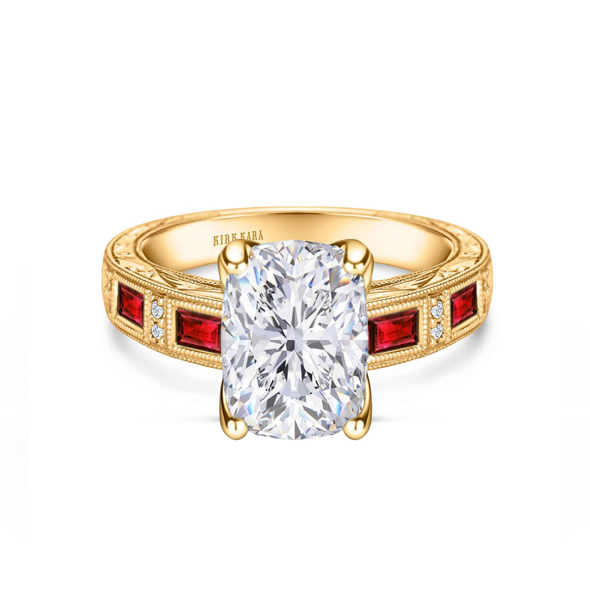 Ruby Baguette Engraved Cathedral Diamond Engagement Ring