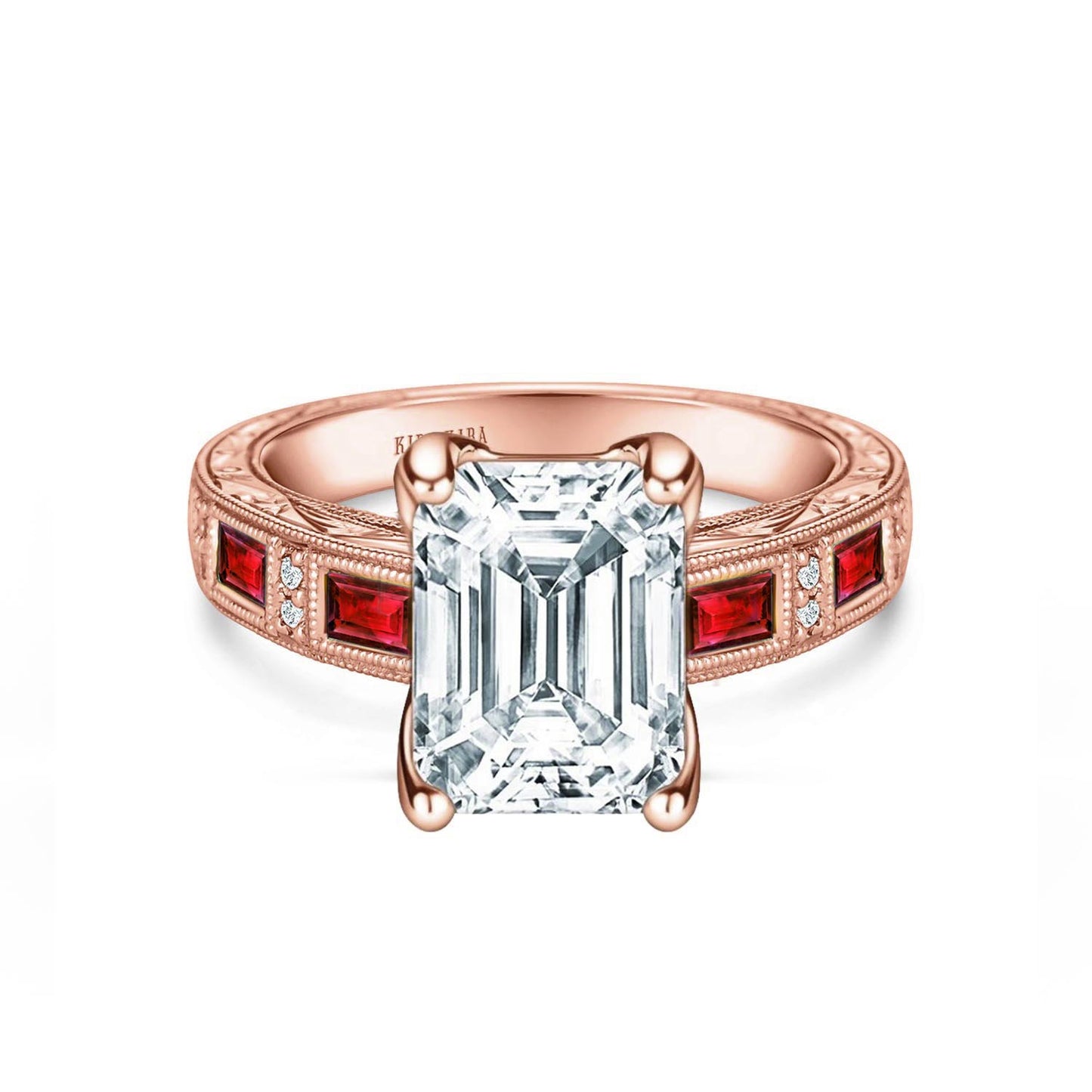 Ruby Baguette Engraved Cathedral Diamond Engagement Ring