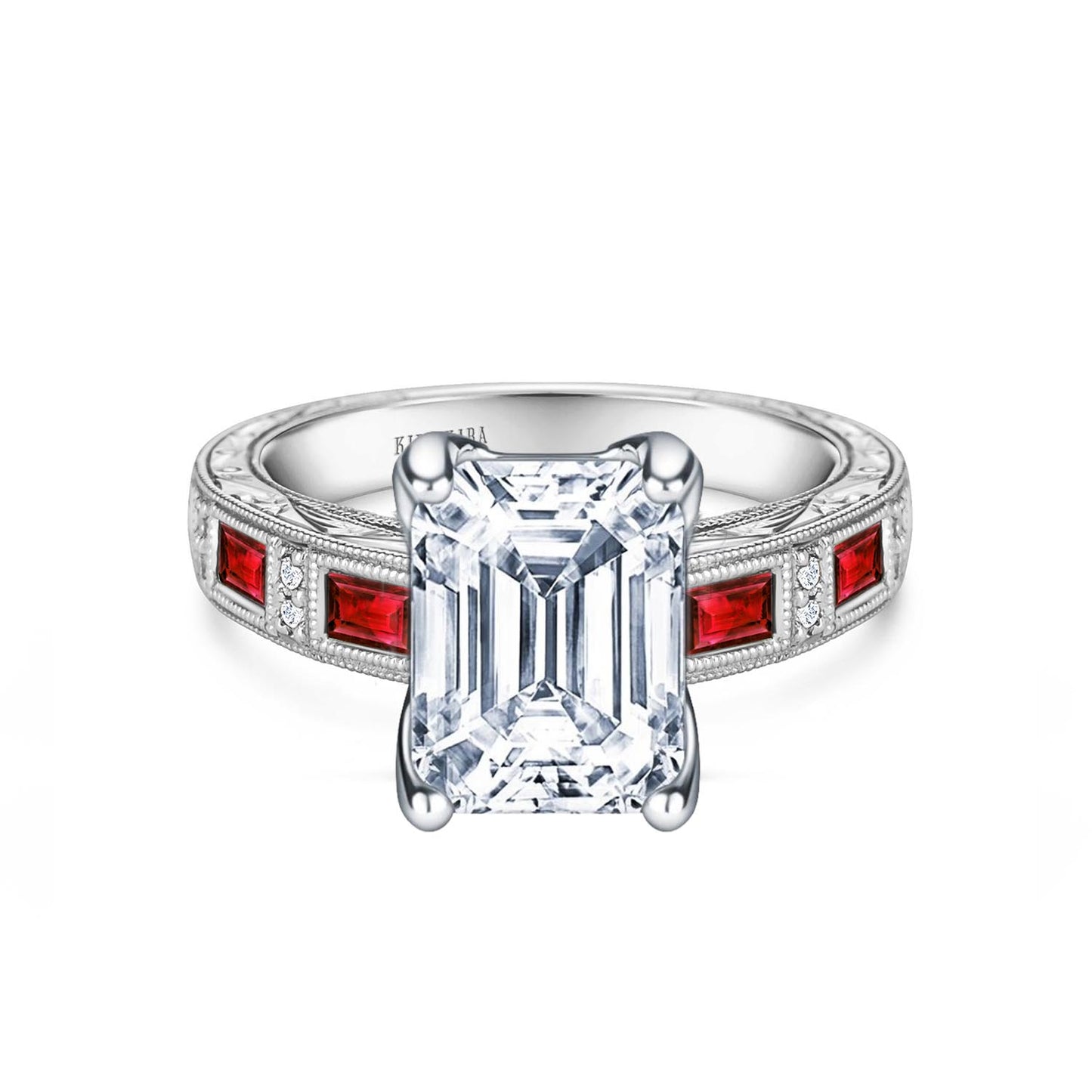 Ruby Baguette Engraved Cathedral Diamond Engagement Ring
