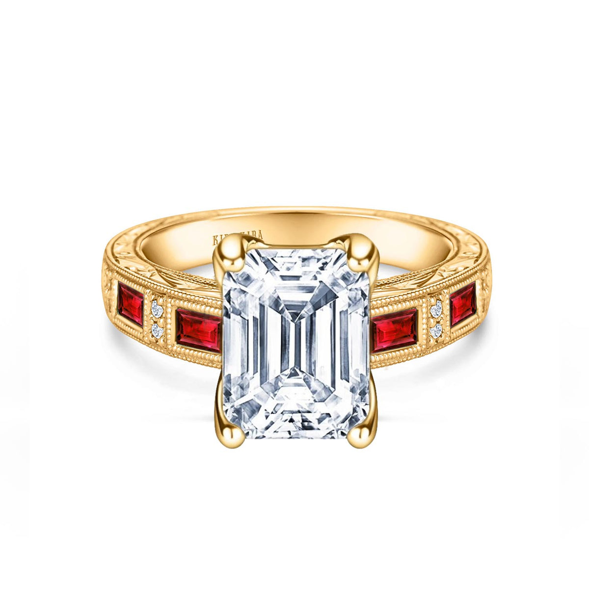 Ruby Baguette Engraved Cathedral Diamond Engagement Ring