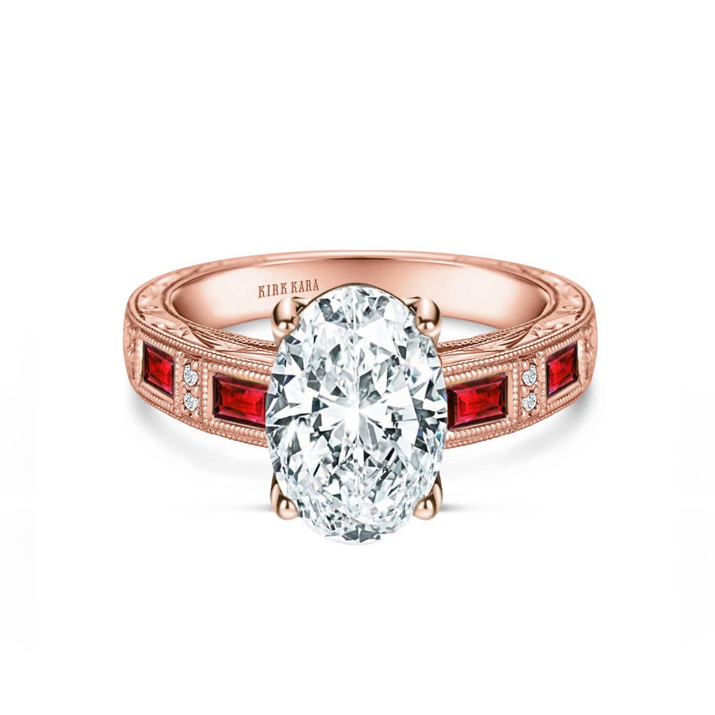 Ruby Baguette Engraved Cathedral Diamond Engagement Ring