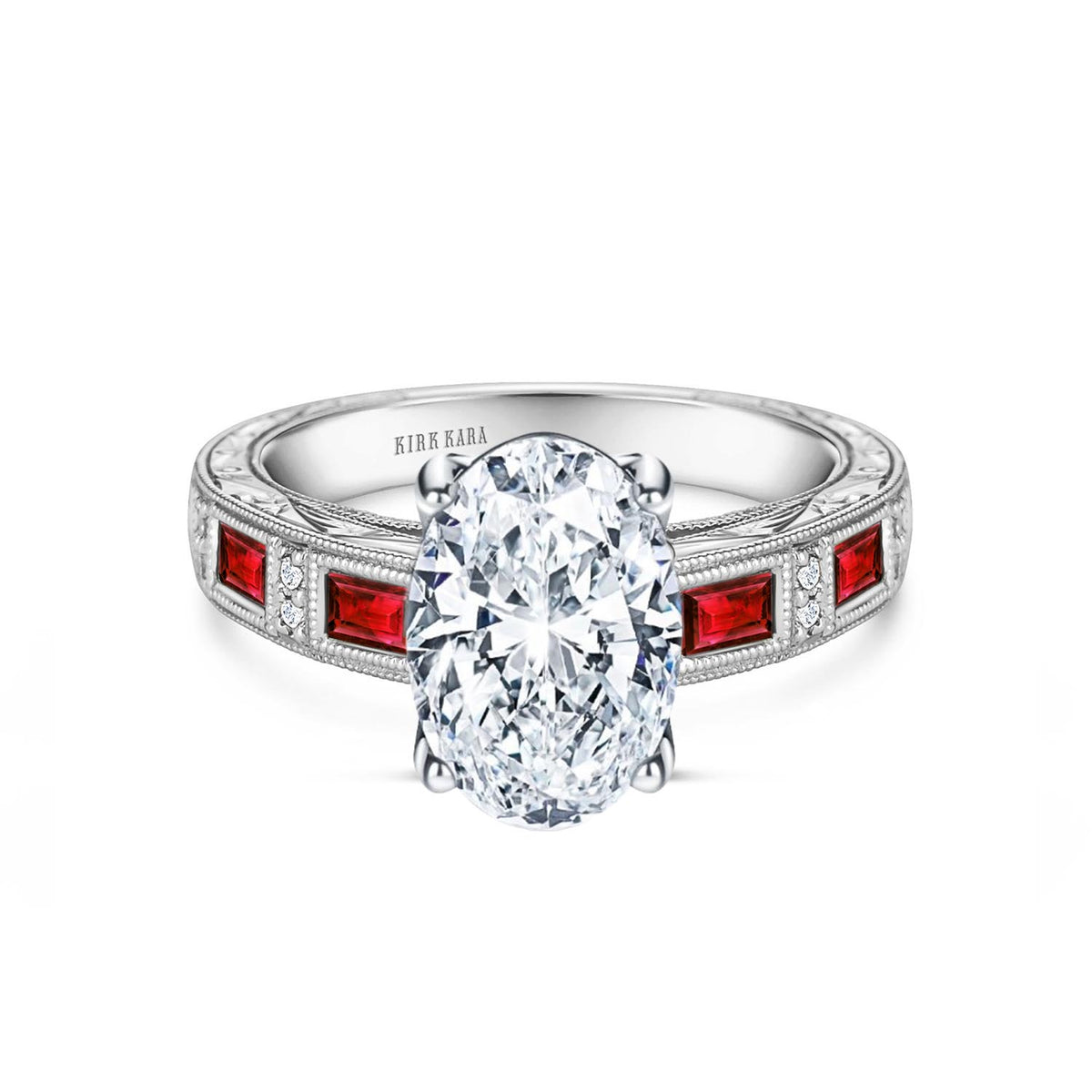 Ruby Baguette Engraved Cathedral Diamond Engagement Ring