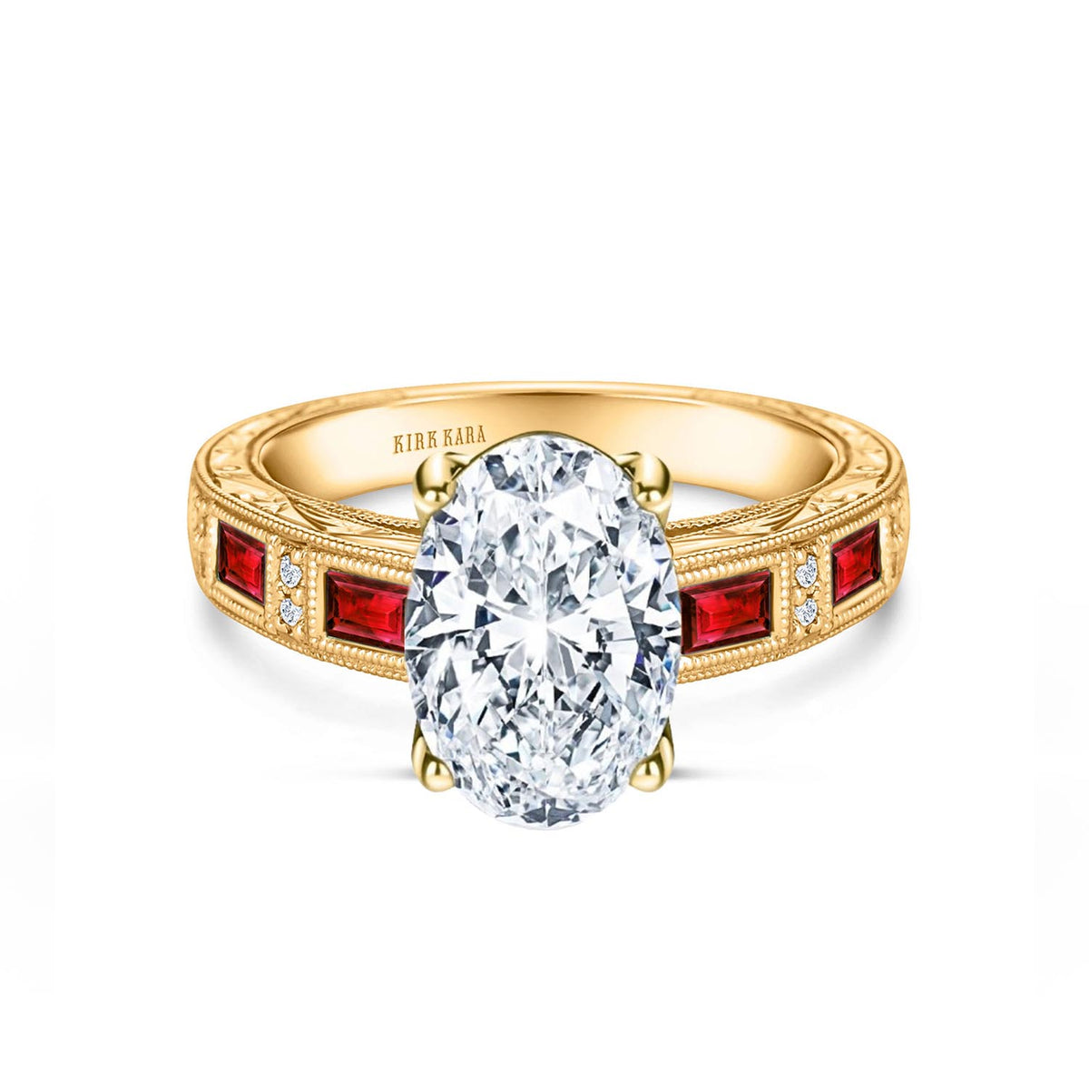 Ruby Baguette Engraved Cathedral Diamond Engagement Ring