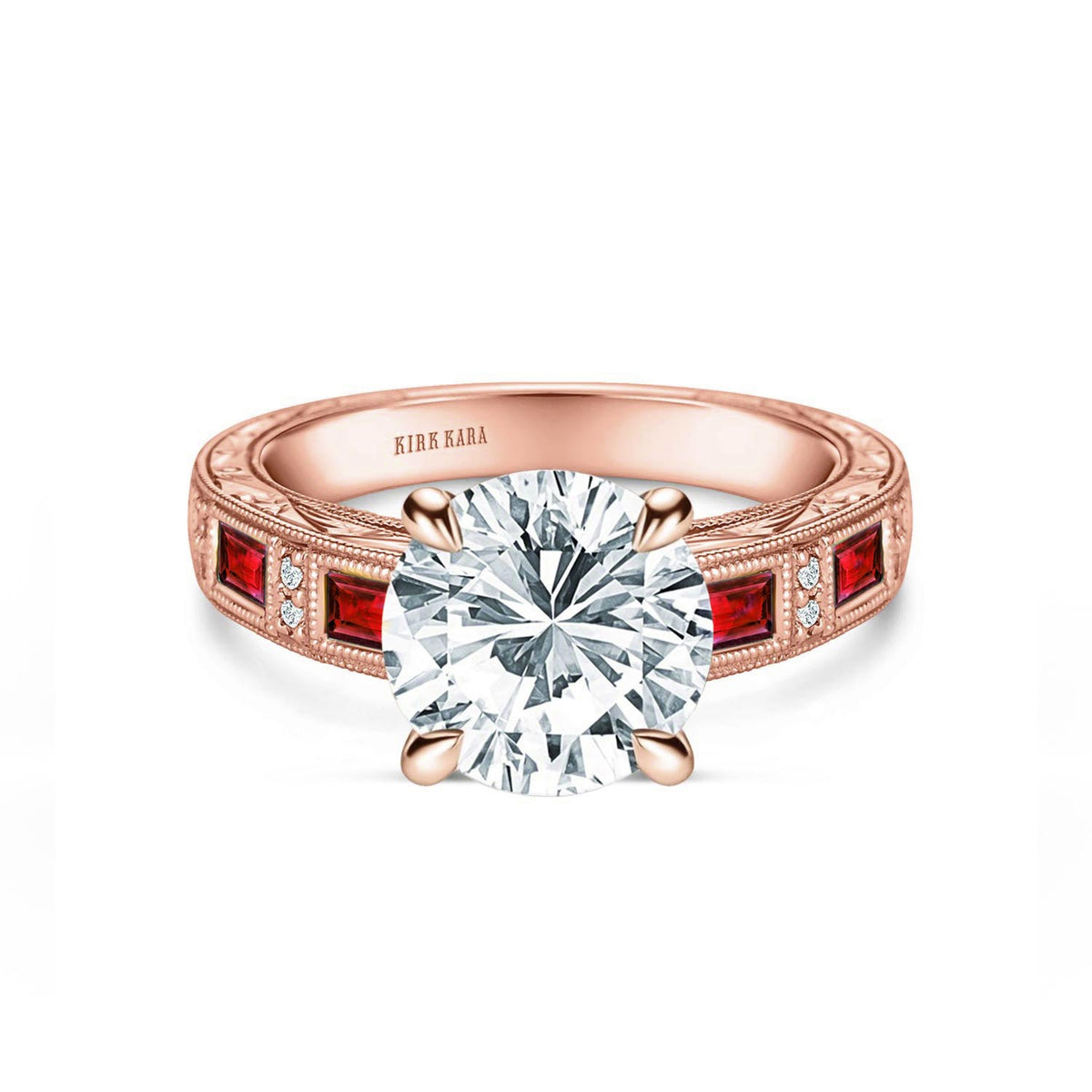 Ruby Baguette Engraved Cathedral Diamond Engagement Ring