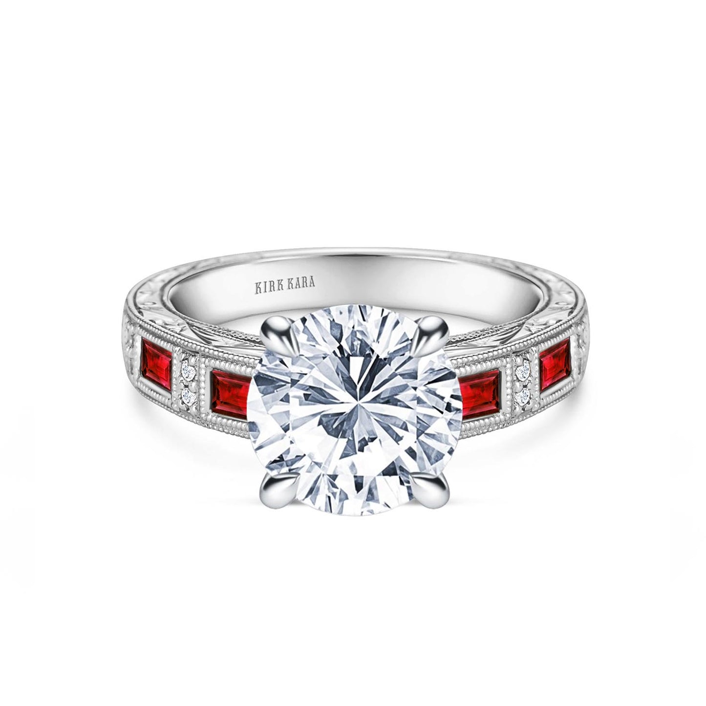 Ruby Baguette Engraved Cathedral Diamond Engagement Ring