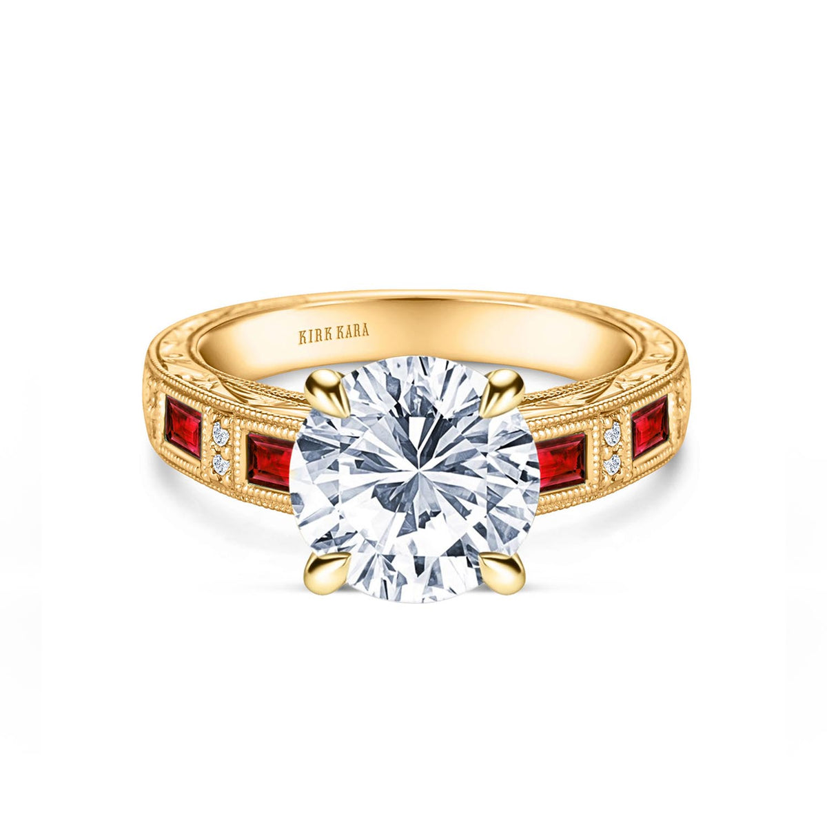 Ruby Baguette Engraved Cathedral Diamond Engagement Ring
