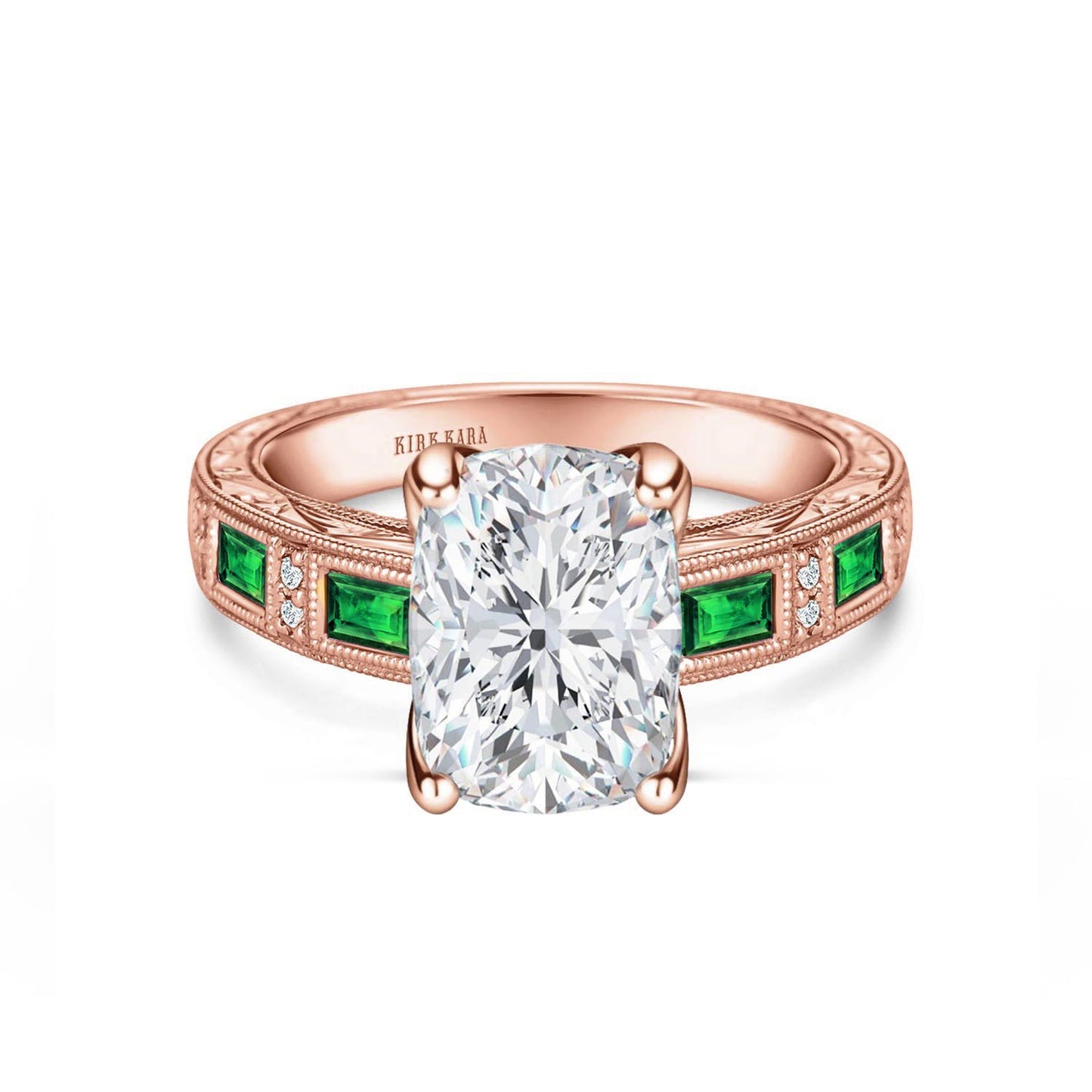 Tsavorite Baguette Engraved Cathedral Diamond Engagement Ring