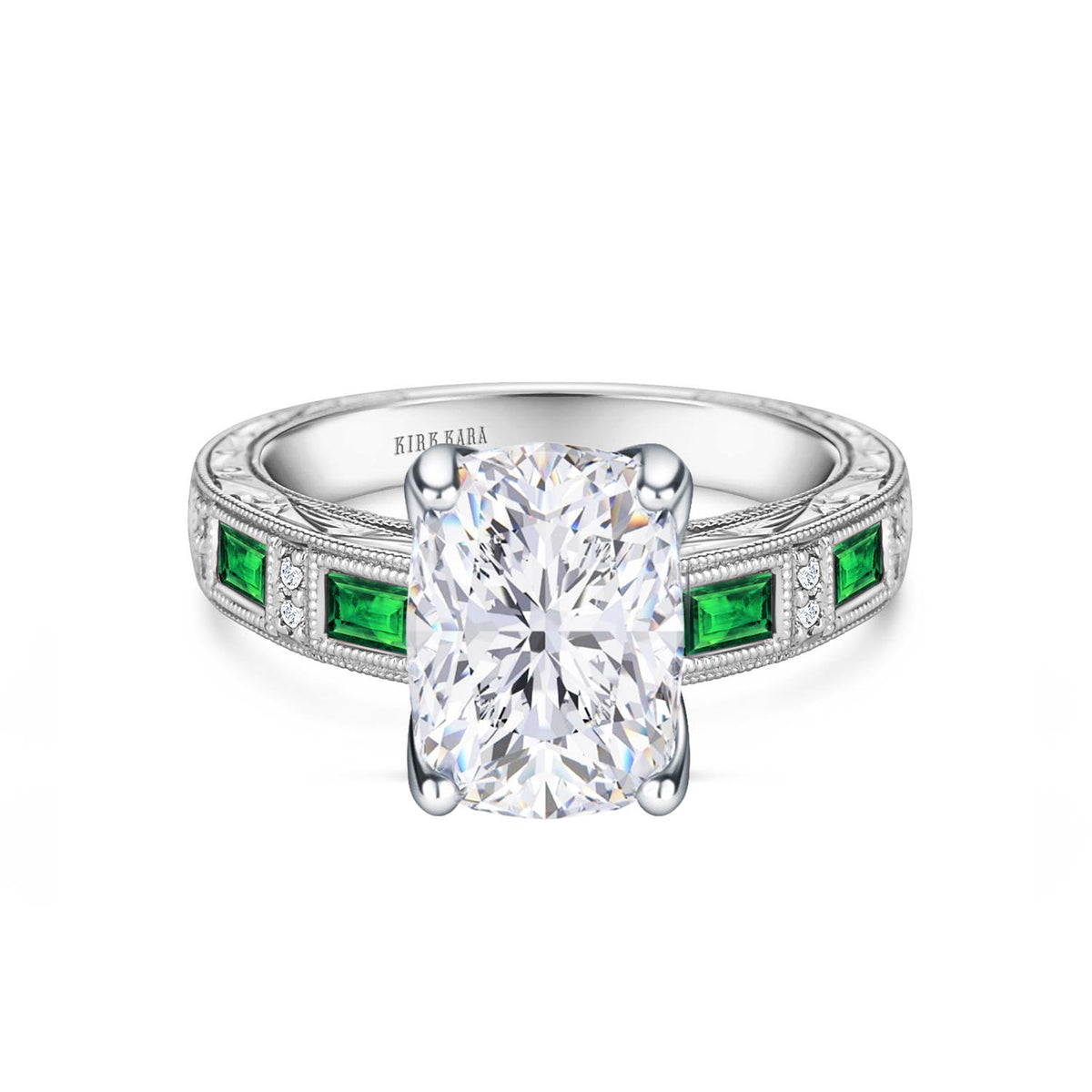 Tsavorite Baguette Engraved Cathedral Diamond Engagement Ring