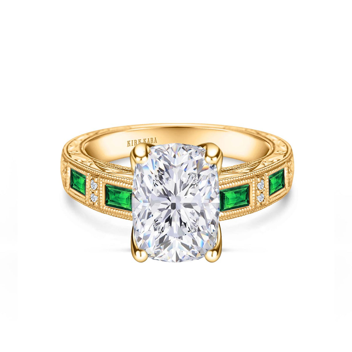 Tsavorite Baguette Engraved Cathedral Diamond Engagement Ring