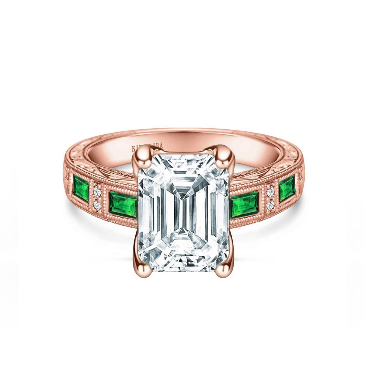 Tsavorite Baguette Engraved Cathedral Diamond Engagement Ring