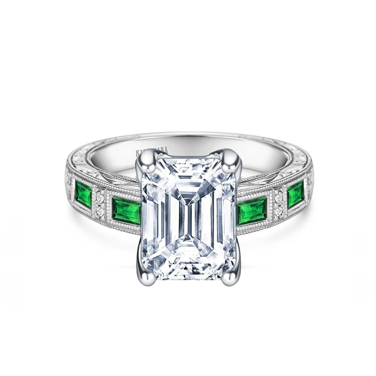 Tsavorite Baguette Engraved Cathedral Diamond Engagement Ring