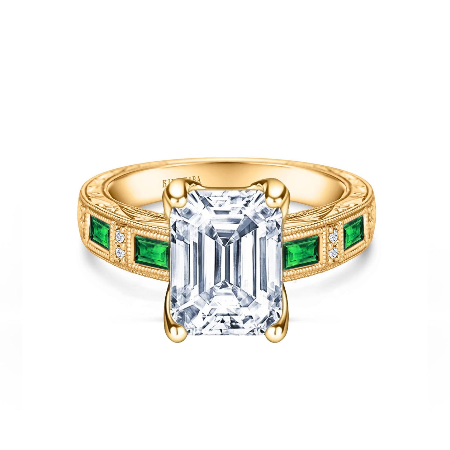Tsavorite Baguette Engraved Cathedral Diamond Engagement Ring