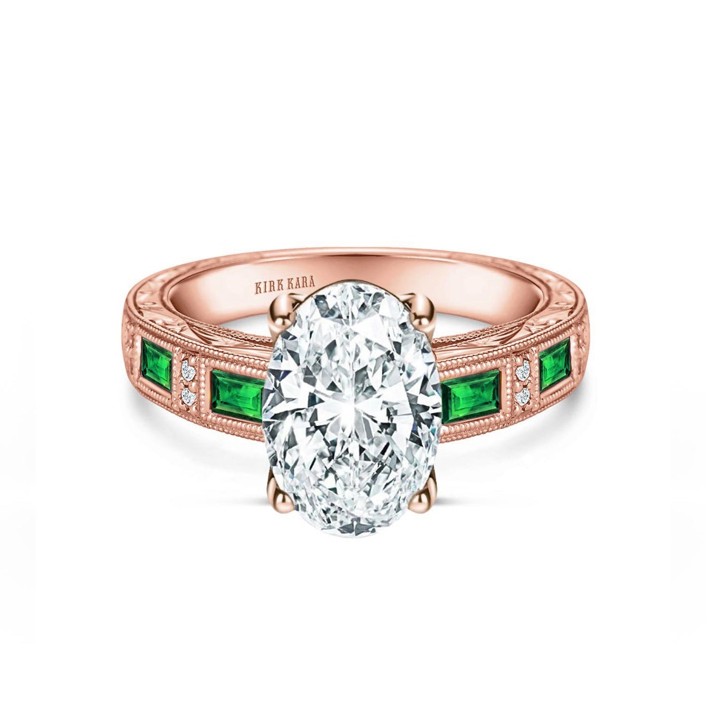 Tsavorite Baguette Engraved Cathedral Diamond Engagement Ring