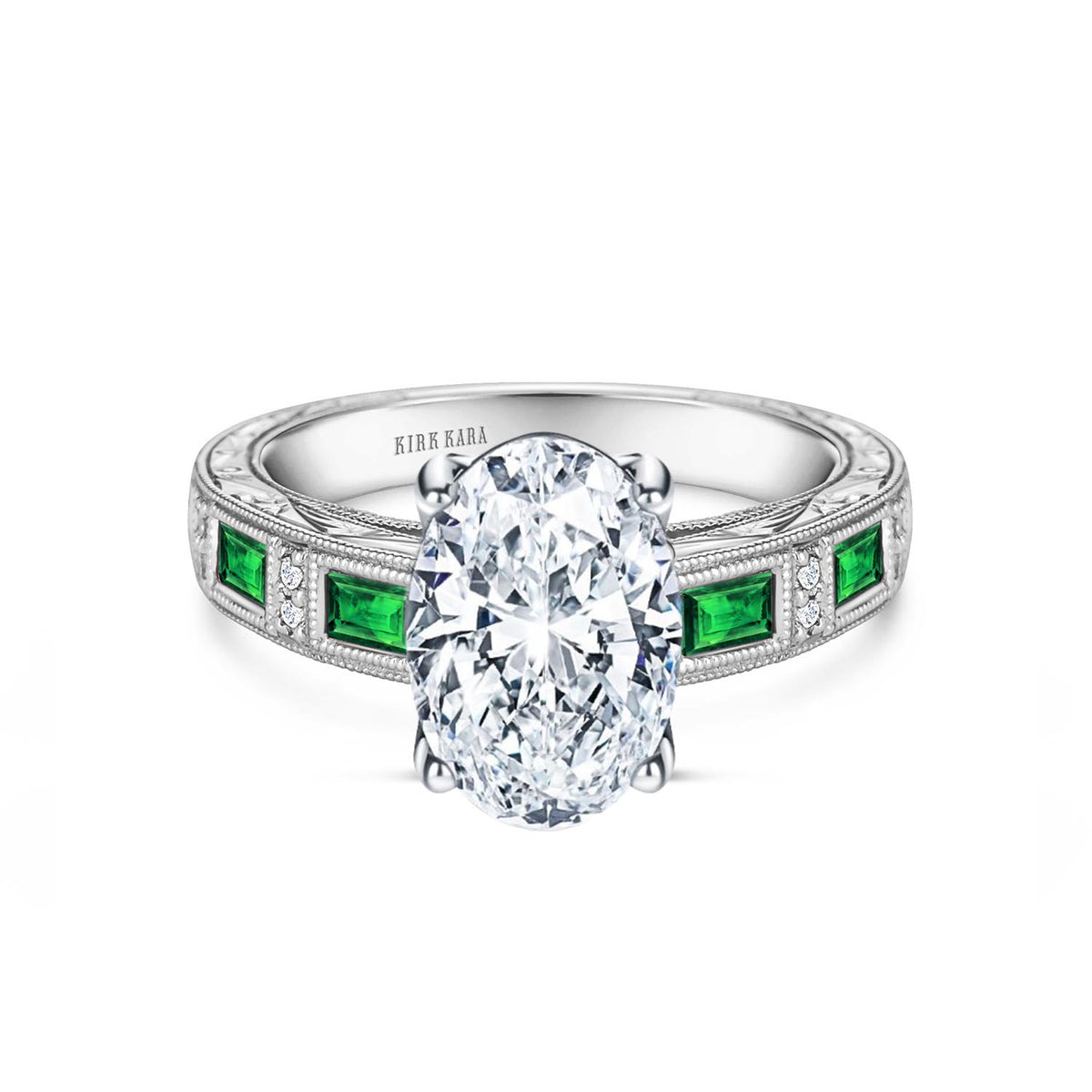 Tsavorite Baguette Engraved Cathedral Diamond Engagement Ring