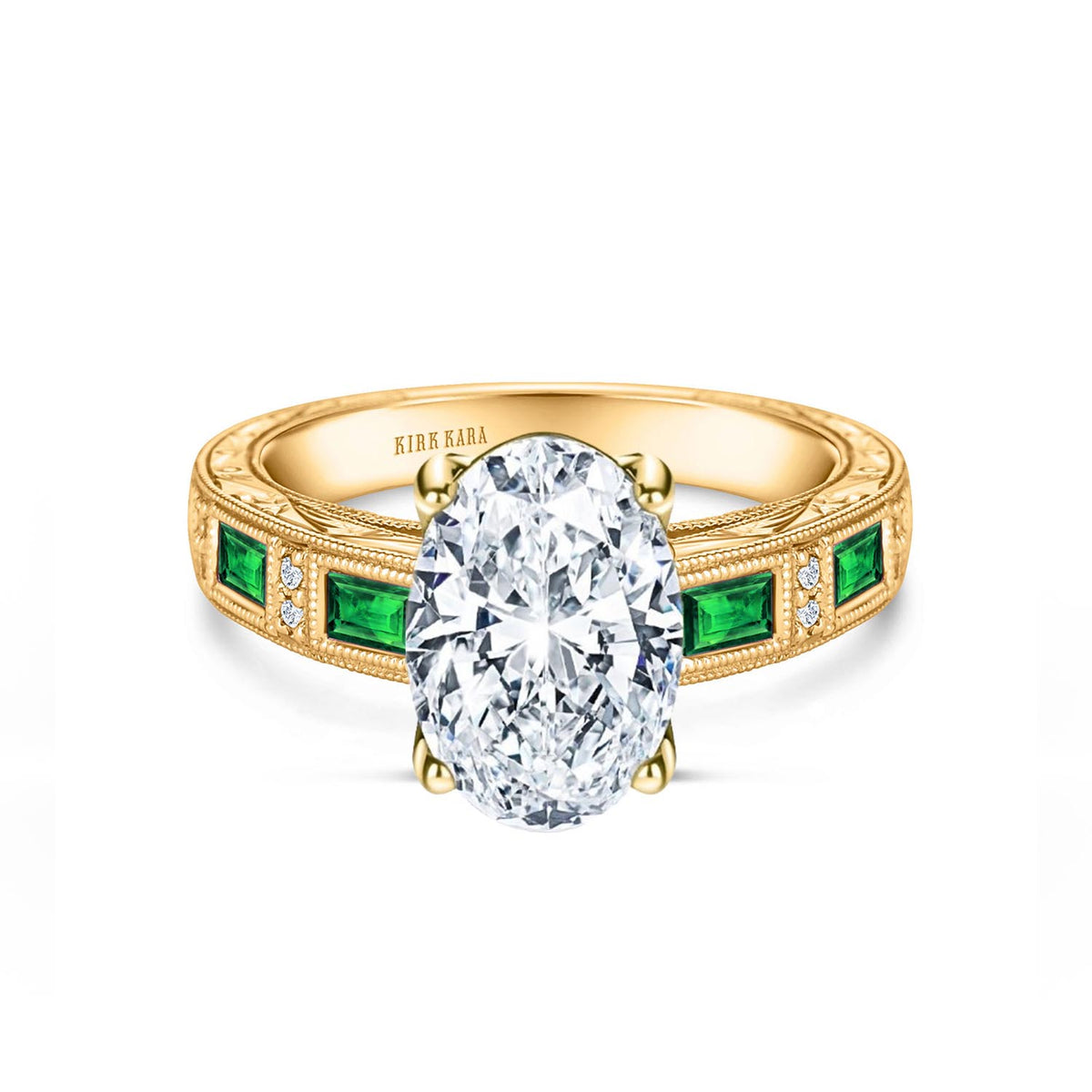 Tsavorite Baguette Engraved Cathedral Diamond Engagement Ring