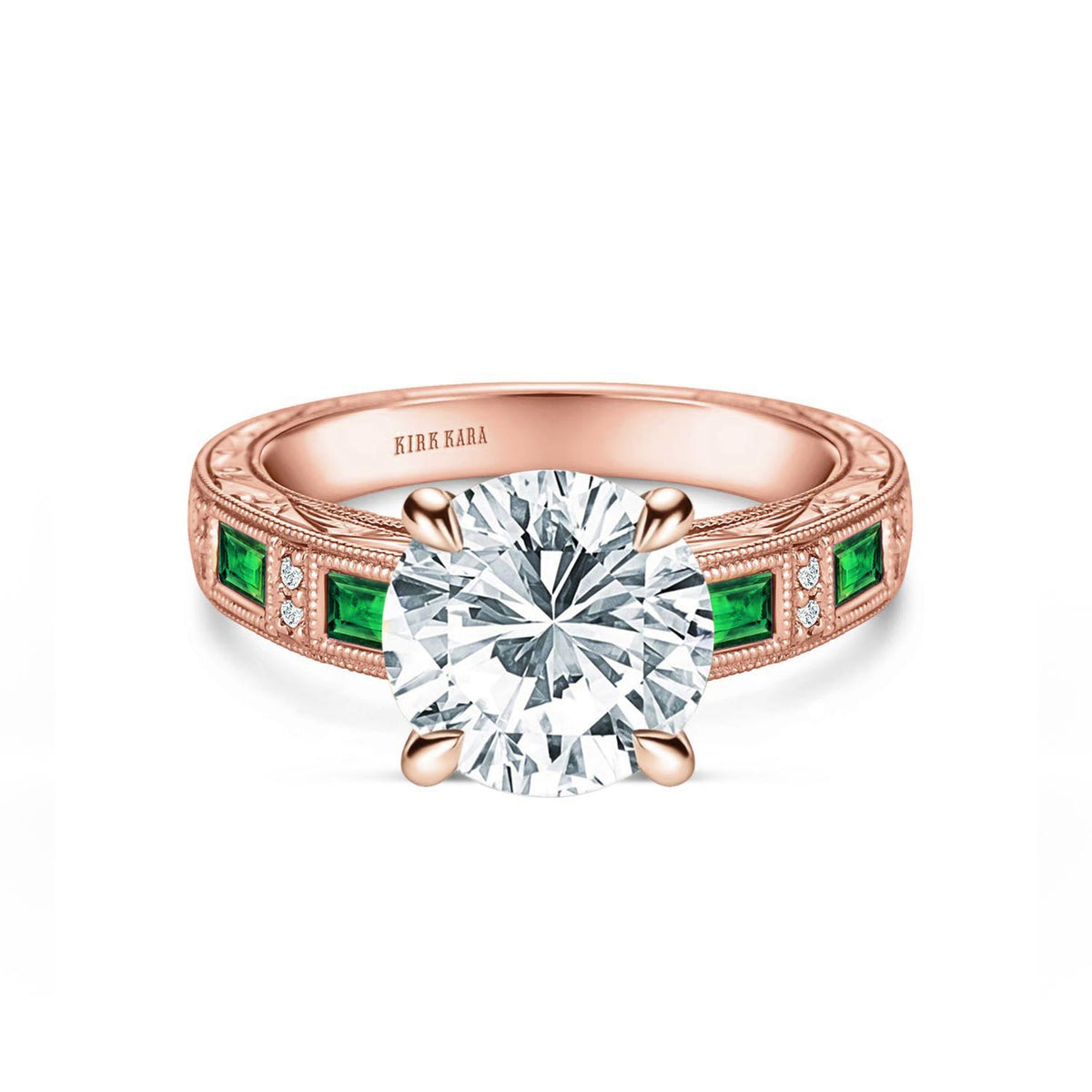 Tsavorite Baguette Engraved Cathedral Diamond Engagement Ring