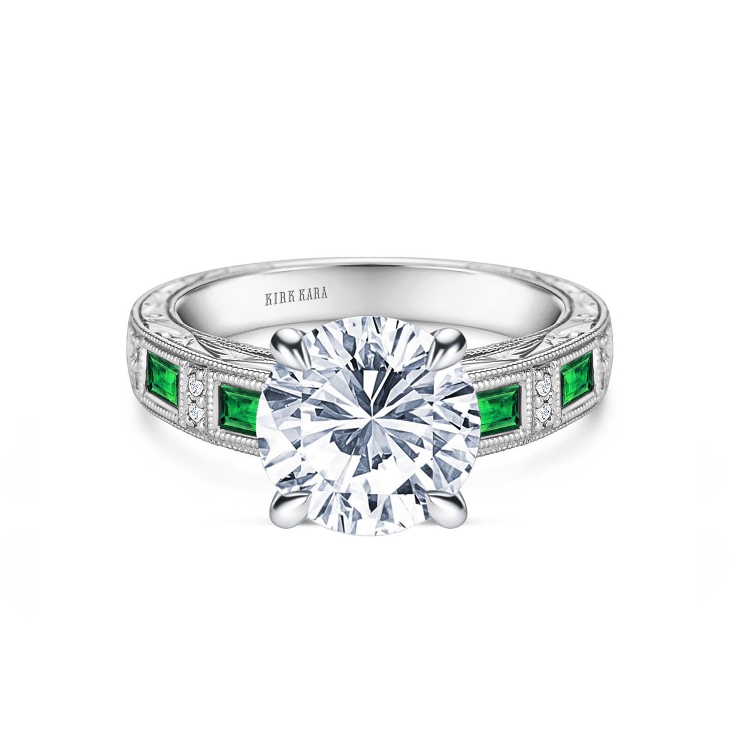 Tsavorite Baguette Engraved Cathedral Diamond Engagement Ring
