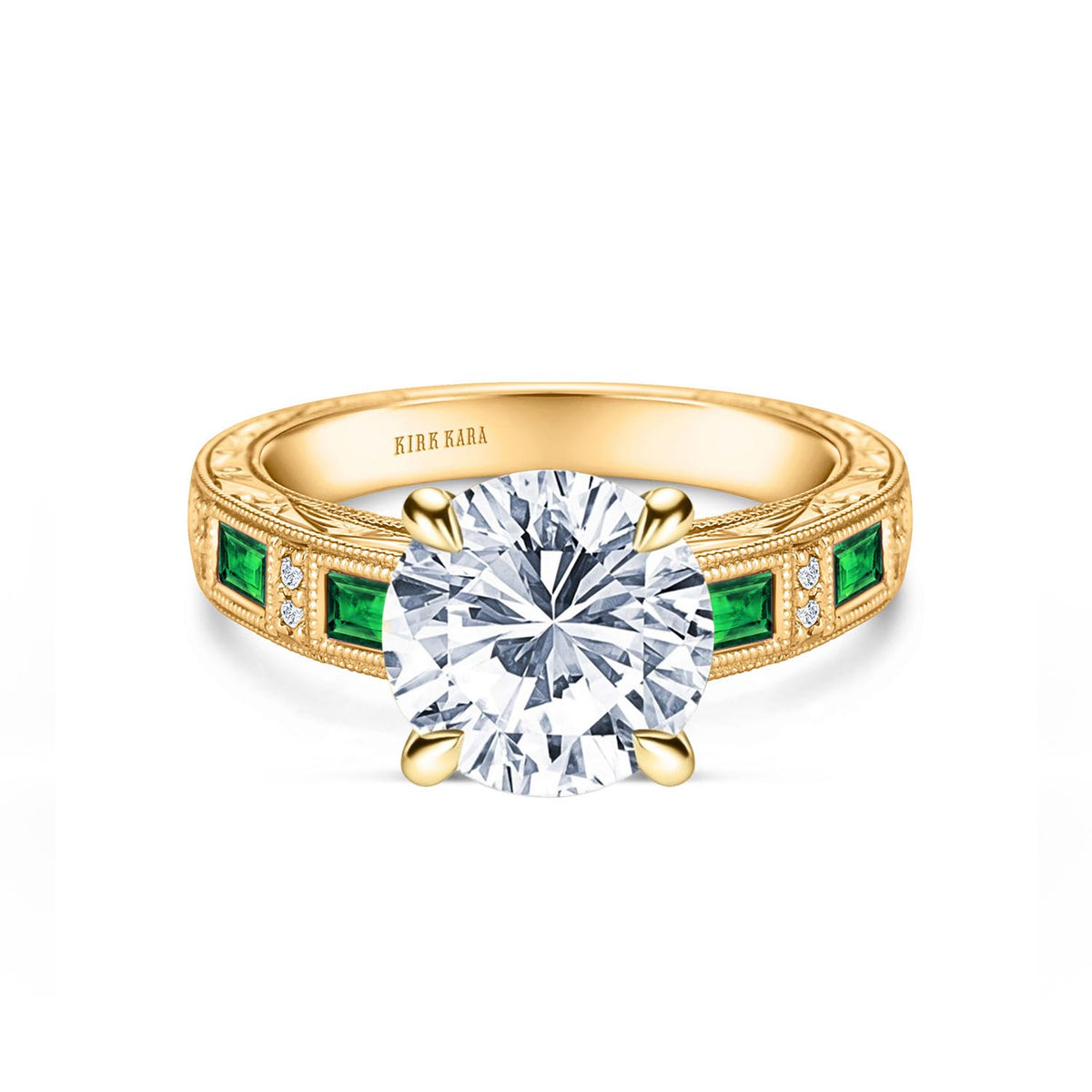 Tsavorite Baguette Engraved Cathedral Diamond Engagement Ring