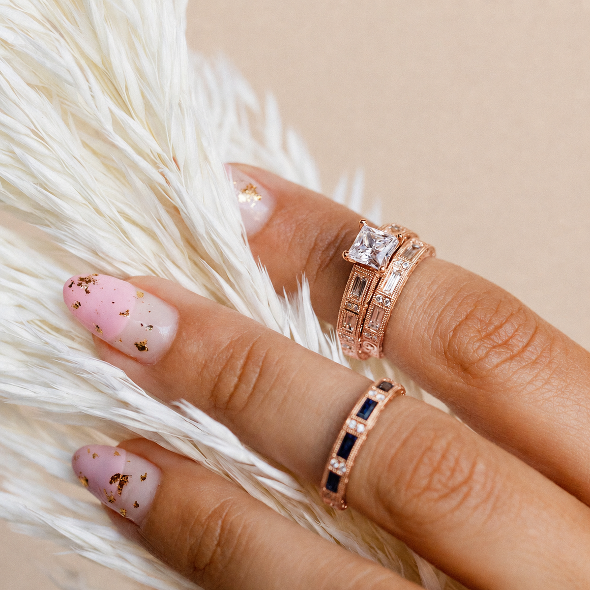 Baguette Engraved Cathedral Diamond Engagement Ring