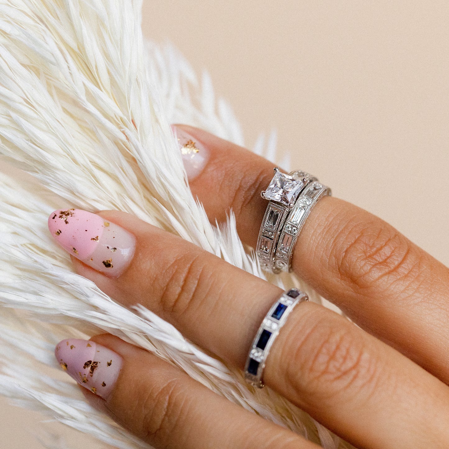 Baguette Engraved Cathedral Diamond Engagement Ring