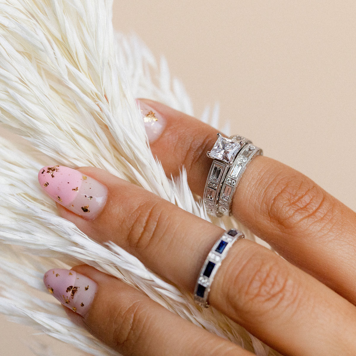 Baguette Engraved Cathedral Diamond Engagement Ring
