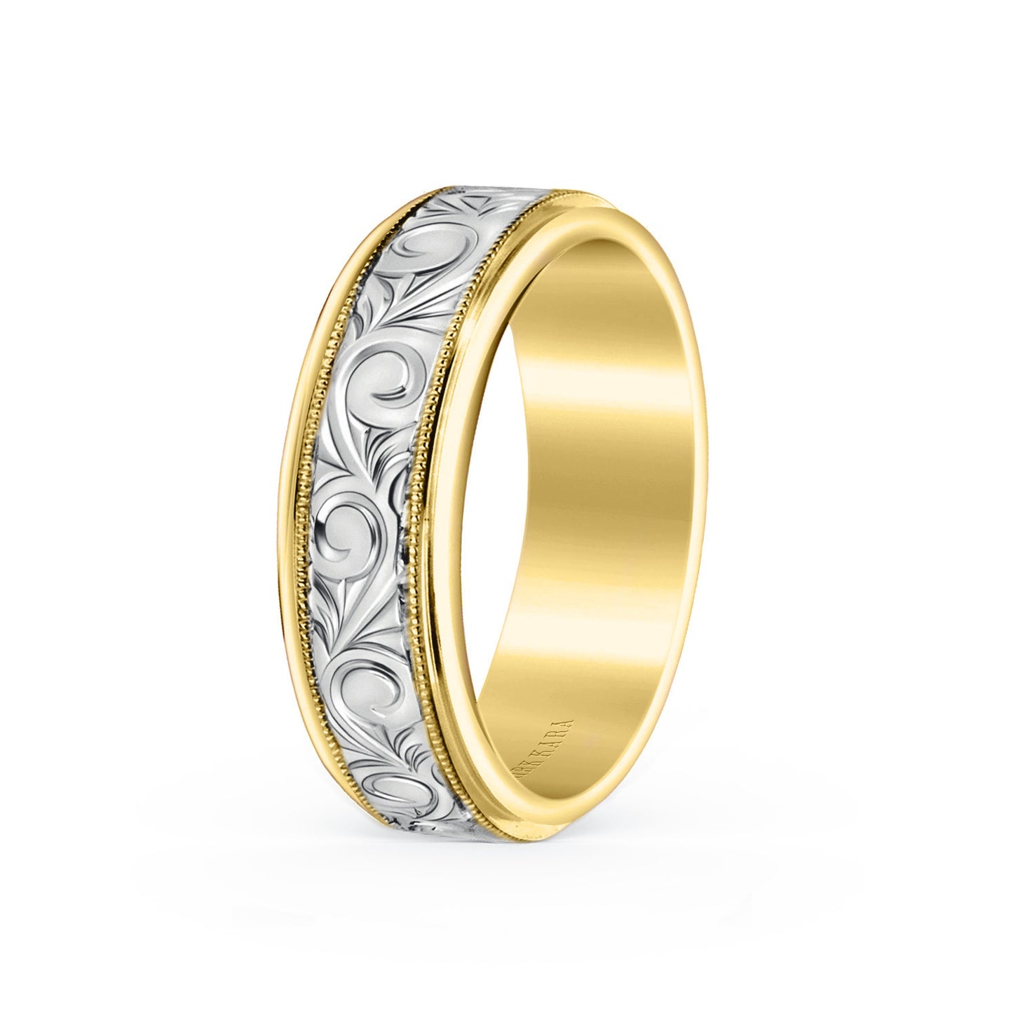 Two Tone Scroll Engraved Milgrain Wedding Band, 7mm