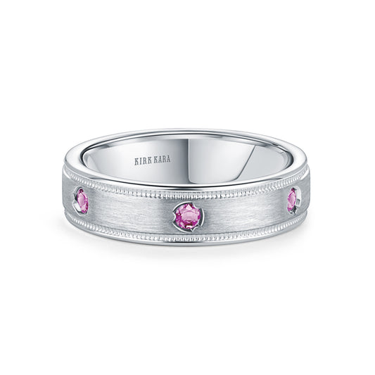 Thin Pink Sapphire Accent Satin Wedding Band, 5mm