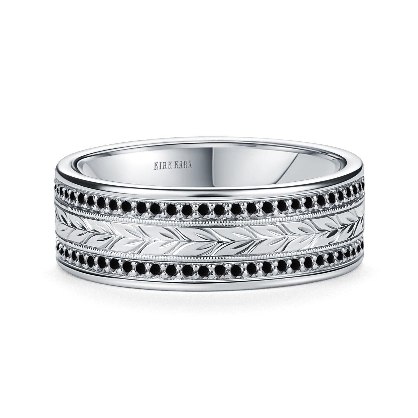 Black Diamond Floral Engraved Wedding Band, 7.5mm