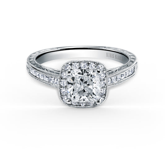 Channel Engraved Diamond Halo Ring with 3/4ct Cushion Certified Lab Diamond Center
