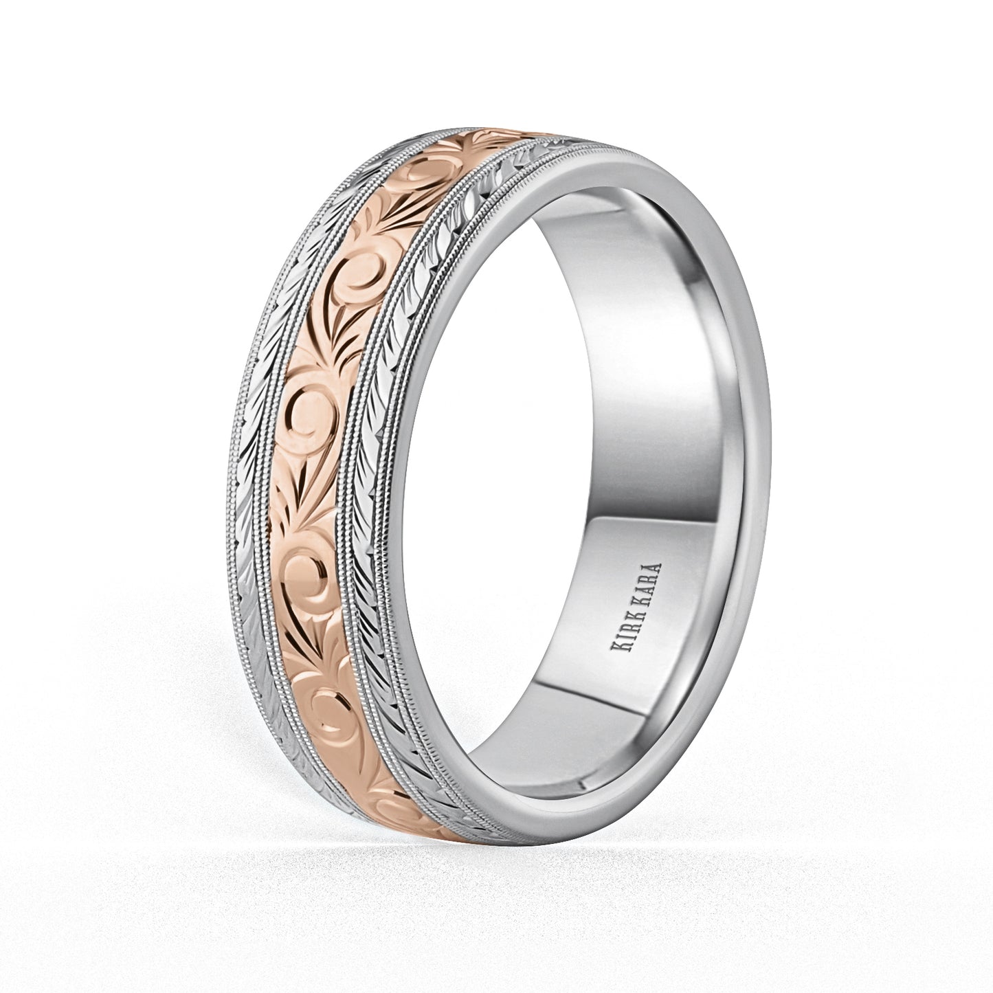 Scroll Wheat Two Tone Engraved Wedding Band, 7mm