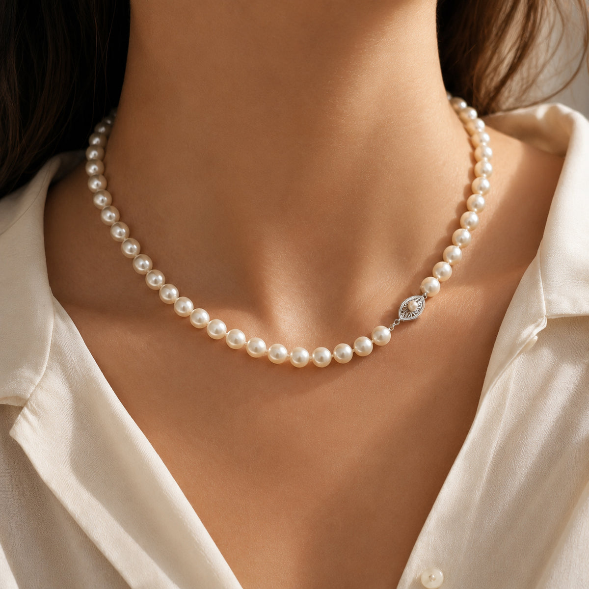 14K White Gold Elegant Pearl Necklace