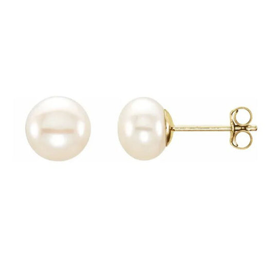 14K Yellow Gold 6-7mm Cultured White Freshwater Button Pearl Earrings
