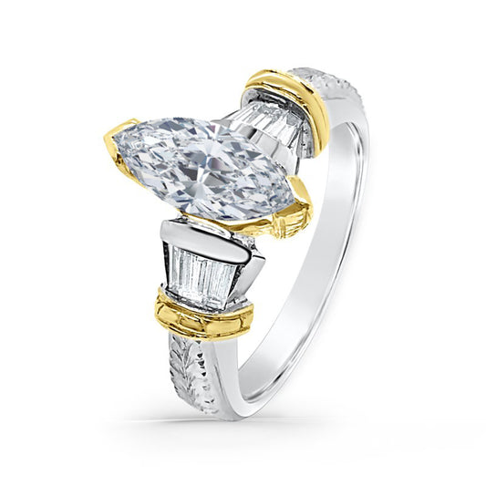 Platinum and 18K Yellow Hand Engraved Marquise Center Ring