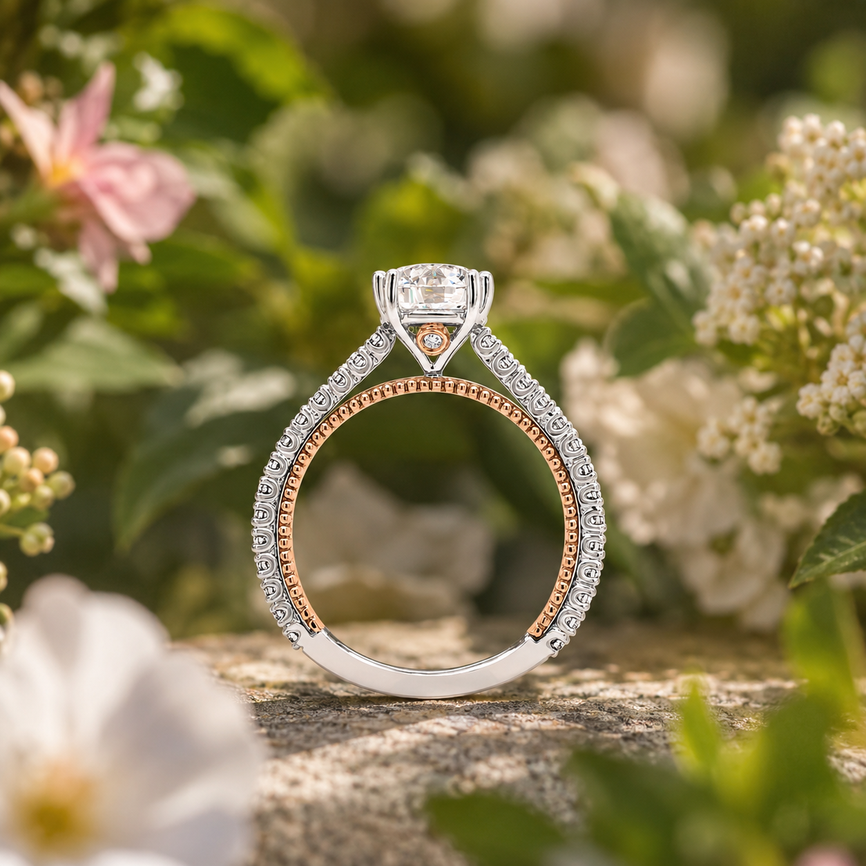 Two Tone Beaded Timeless Diamond Ring with 1 1/2ct Round Certified Lab Diamond Center